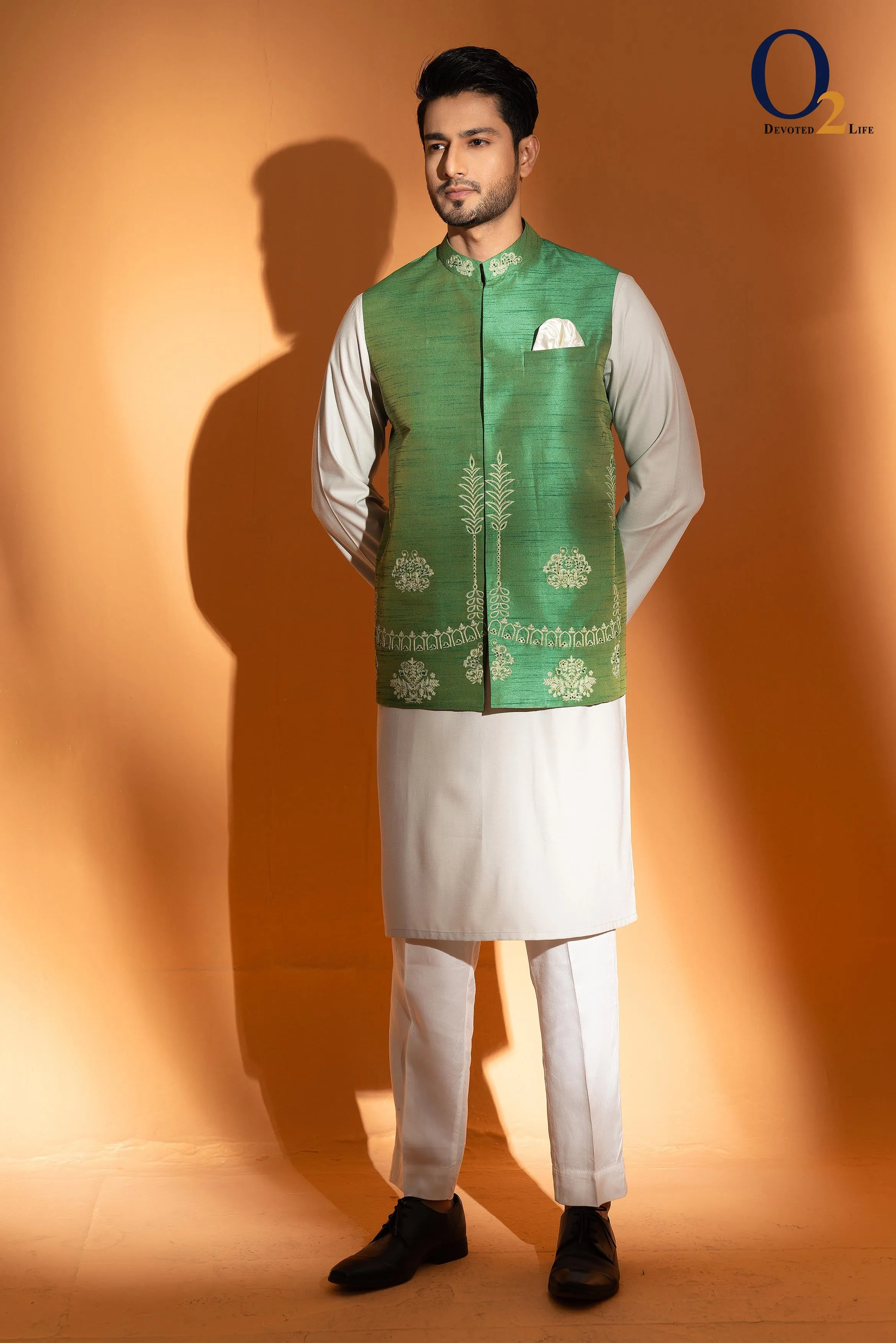 Golden and green raw silk Vest with Embro Handwork