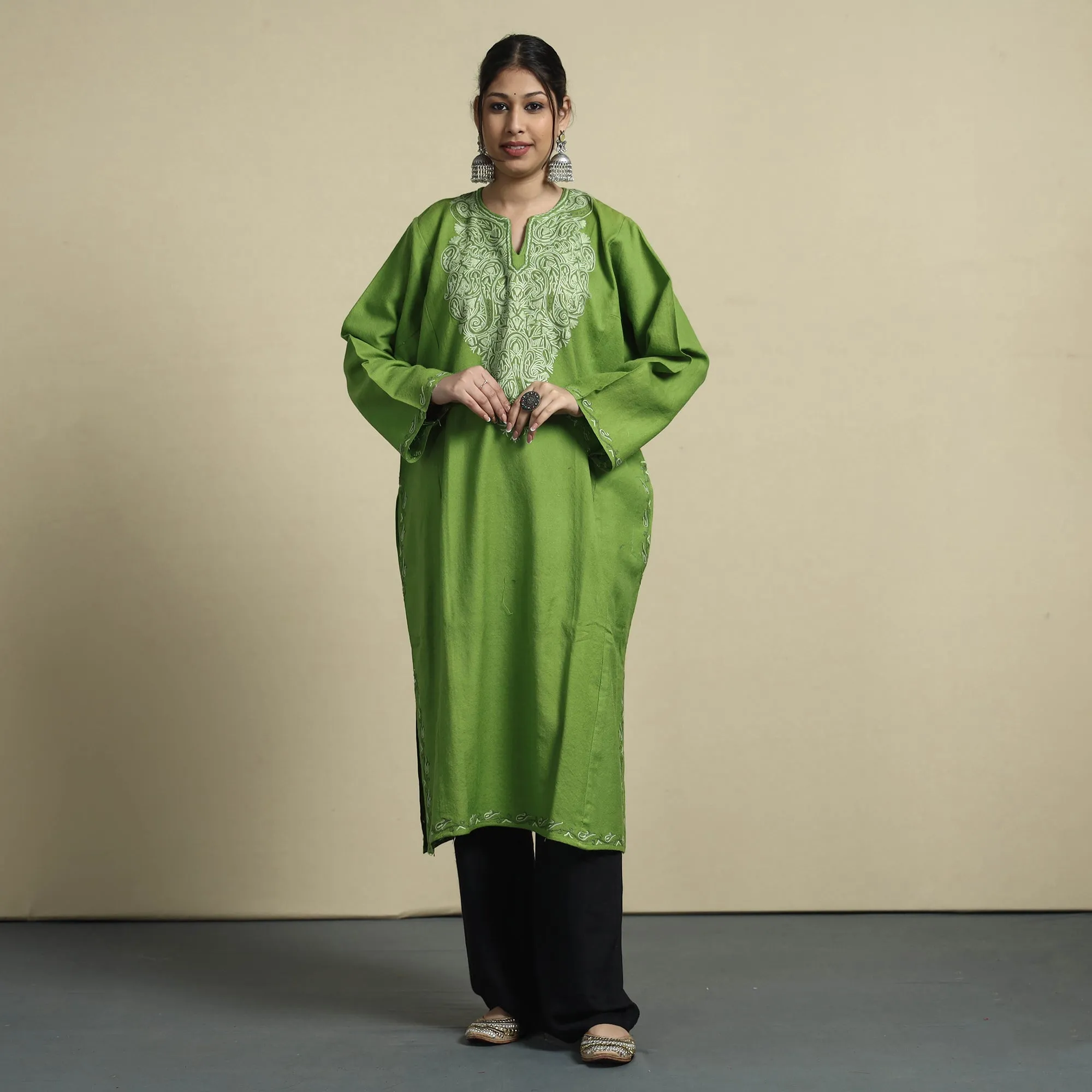 Green - Aari Embroidery Kashmiri Merino Wool Pheran