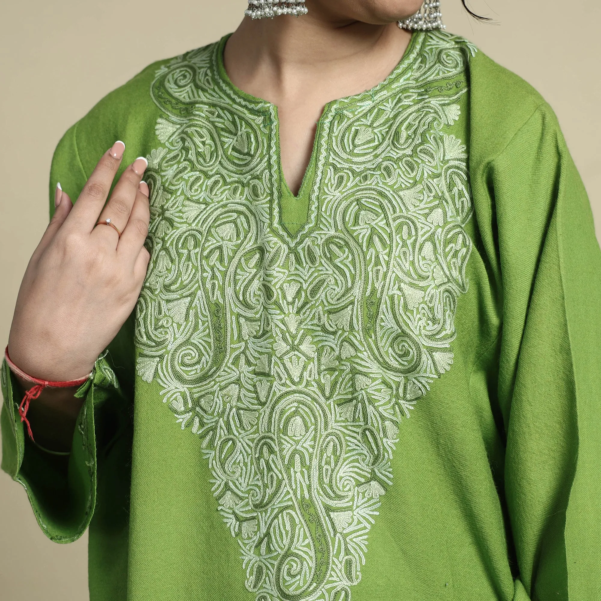 Green - Aari Embroidery Kashmiri Merino Wool Pheran