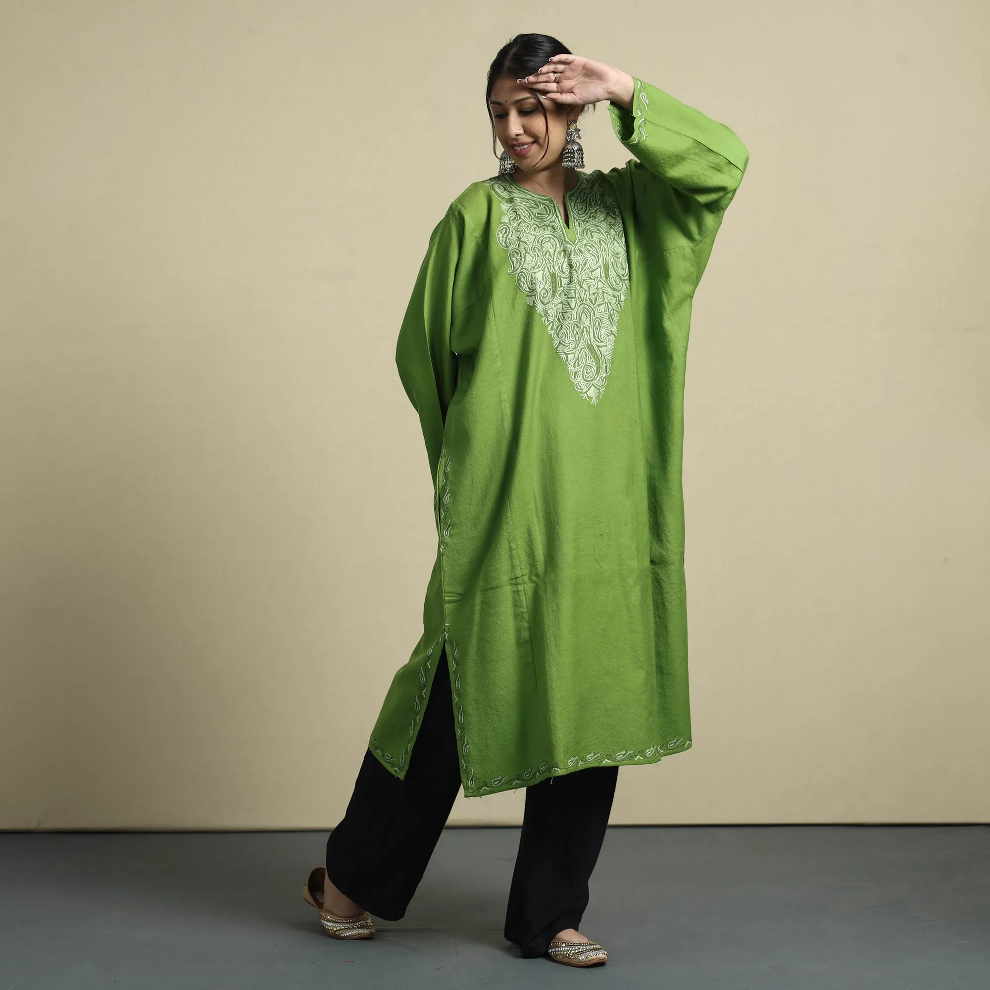 Green - Aari Embroidery Kashmiri Merino Wool Pheran