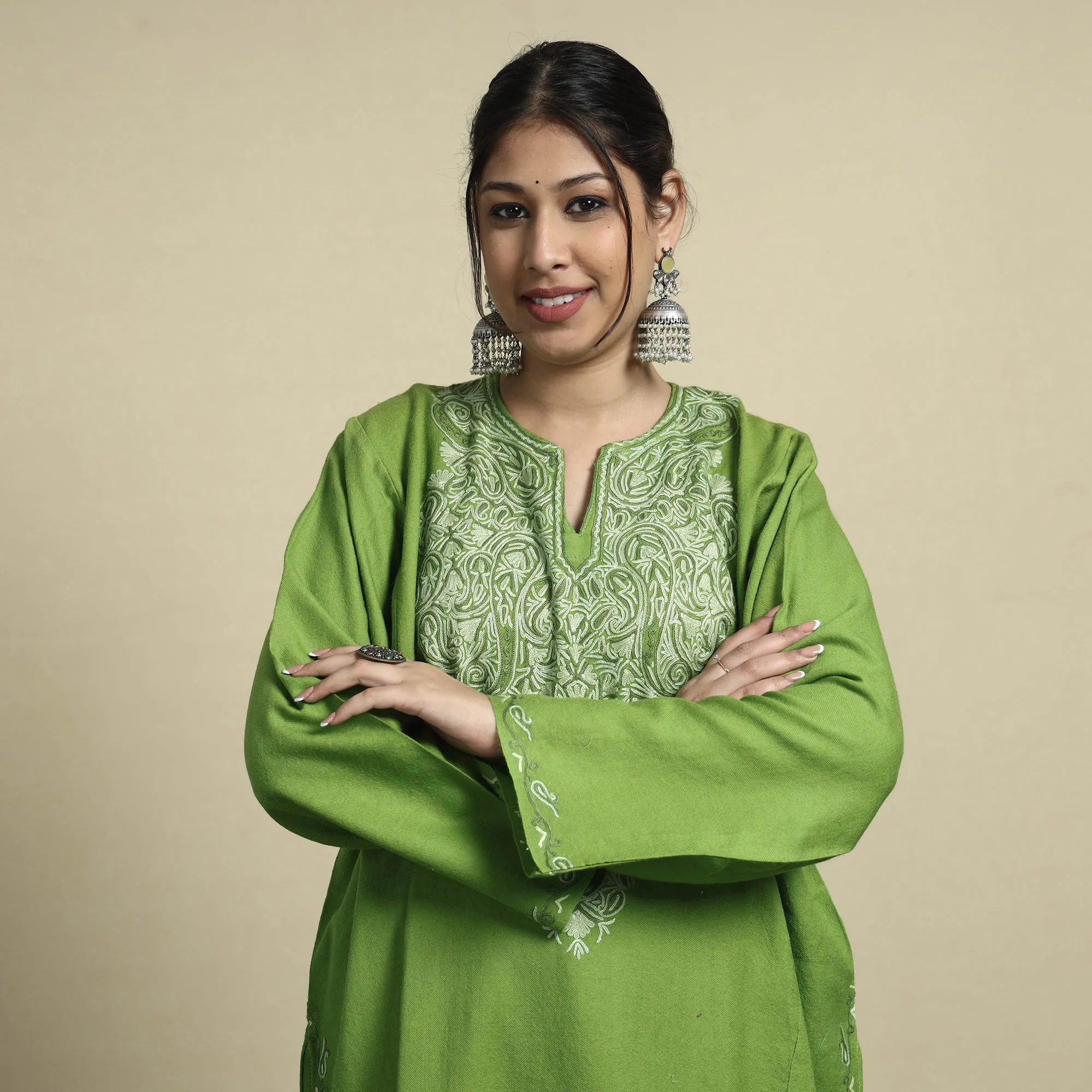 Green - Aari Embroidery Kashmiri Merino Wool Pheran