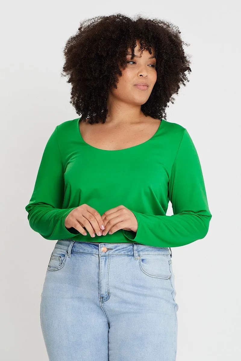 Green Long Sleeve Double Layer Scoop Top