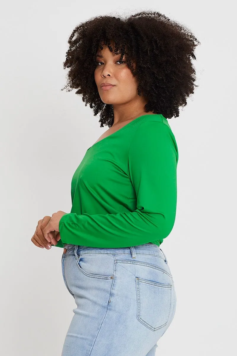 Green Long Sleeve Double Layer Scoop Top