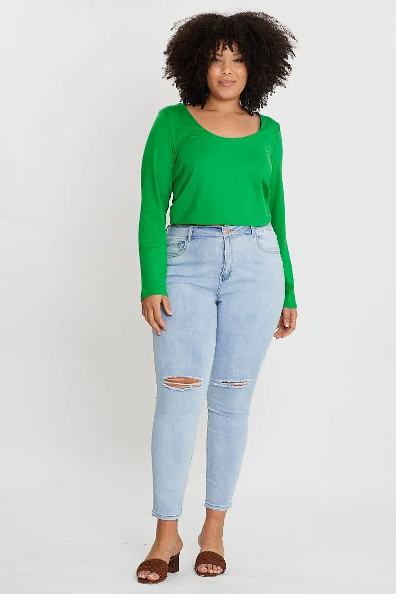 Green Long Sleeve Double Layer Scoop Top