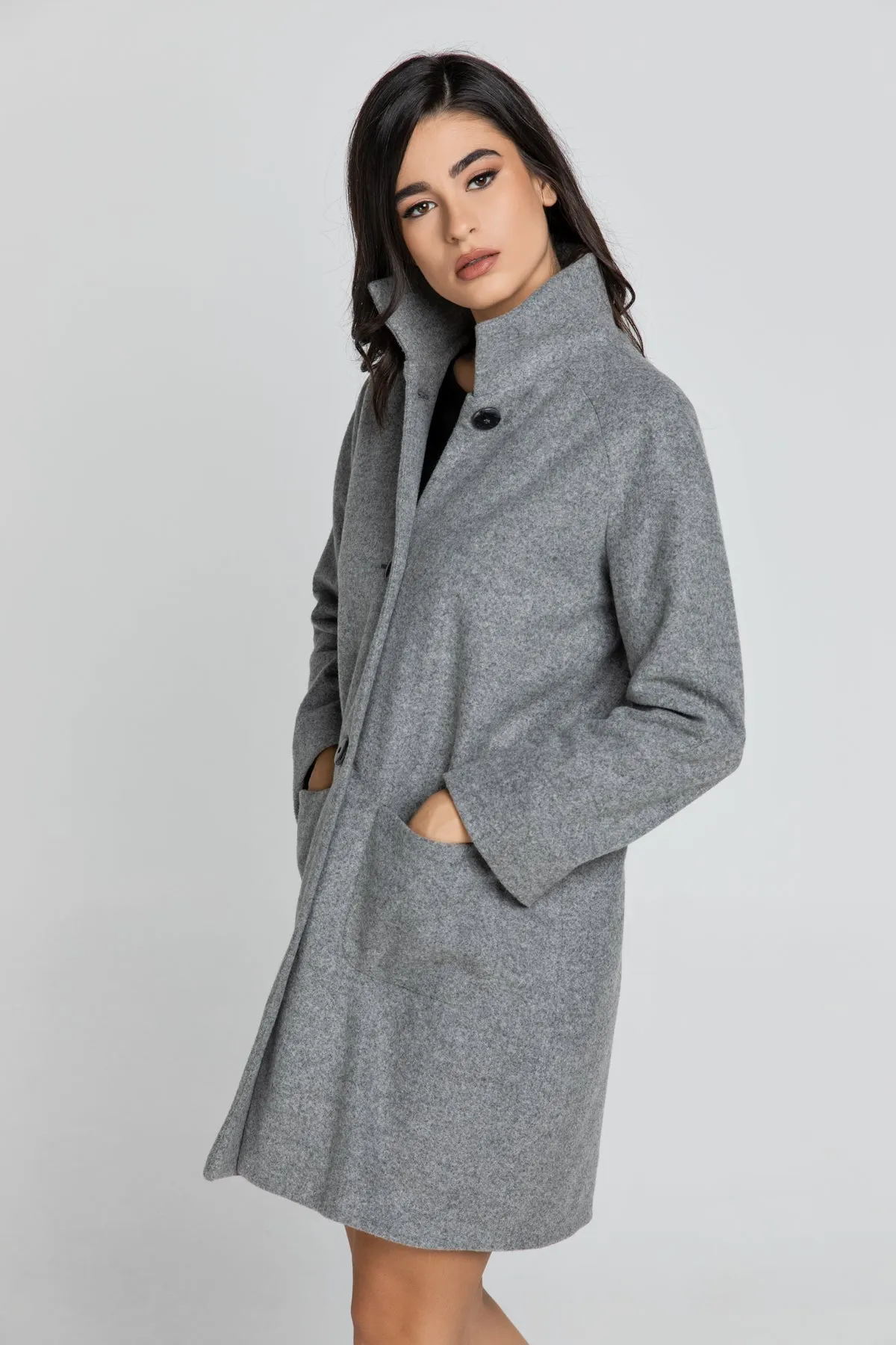 Grey Coat With Upright Collar By Conquista Fashion