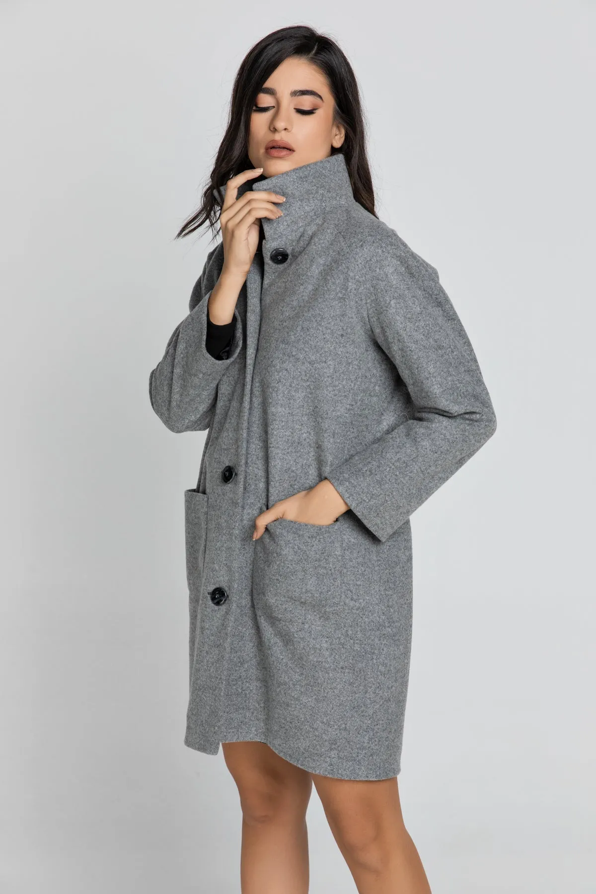 Grey Coat With Upright Collar By Conquista Fashion