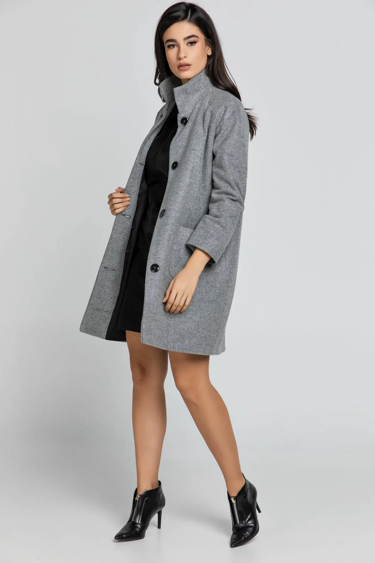 Grey Coat With Upright Collar By Conquista Fashion