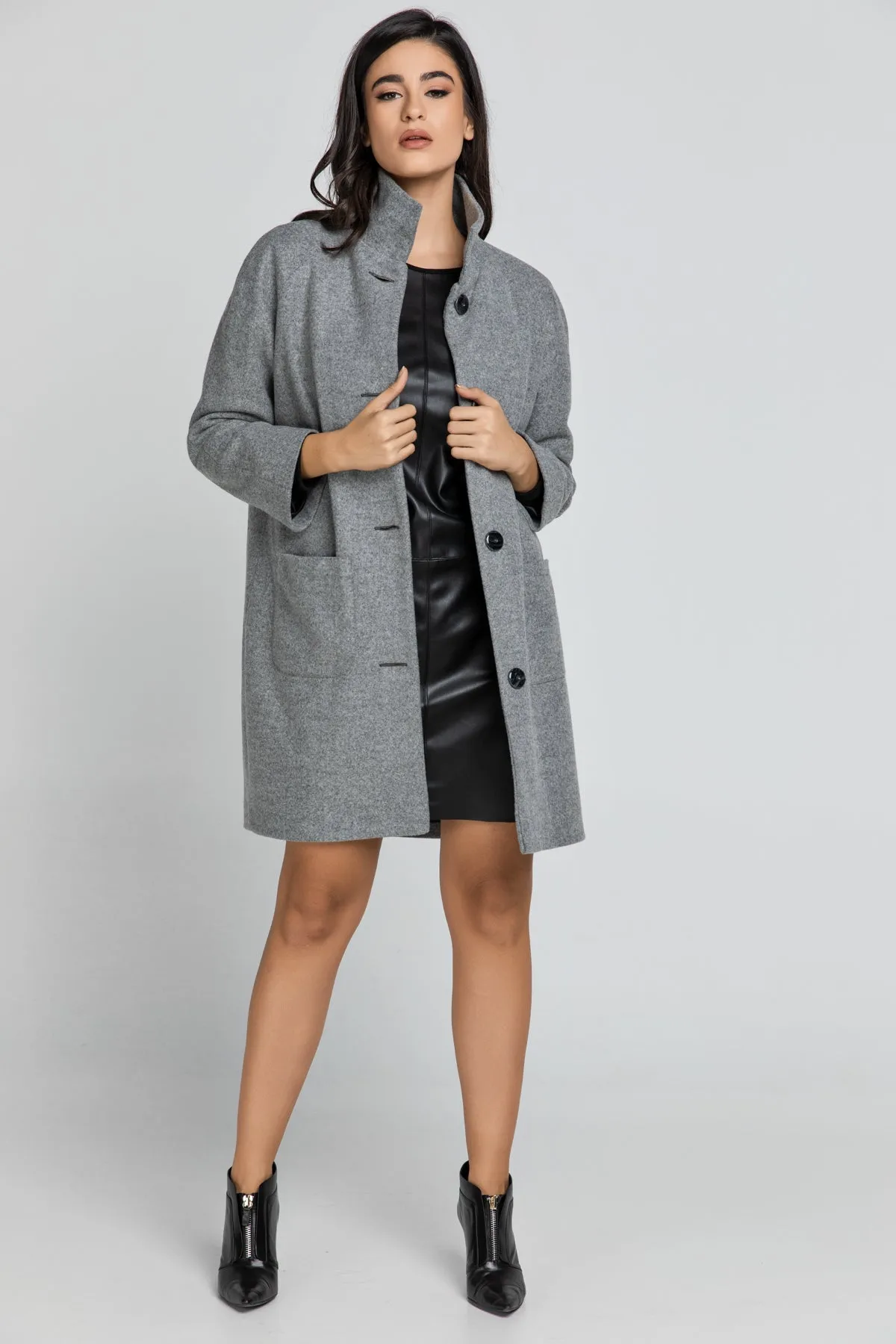 Grey Coat With Upright Collar By Conquista Fashion