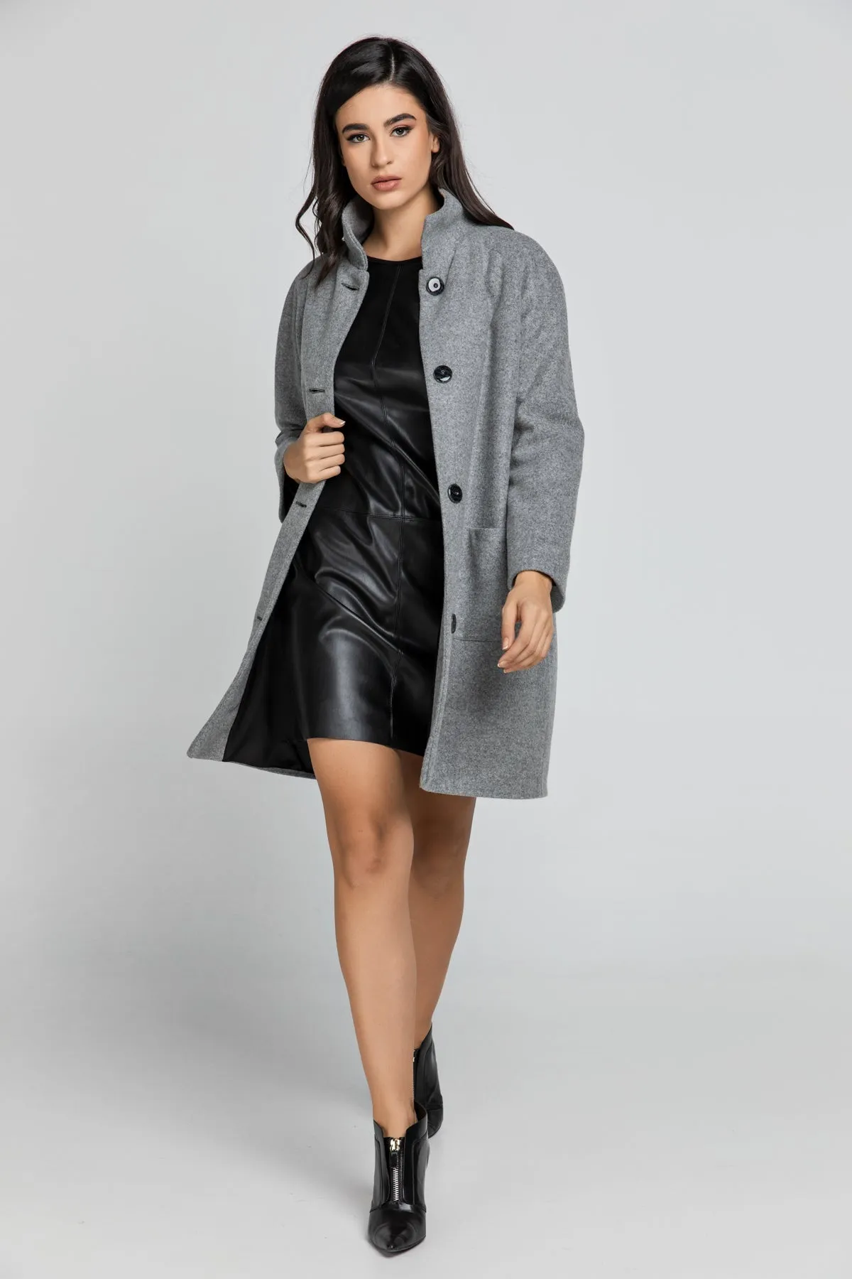 Grey Coat With Upright Collar By Conquista Fashion