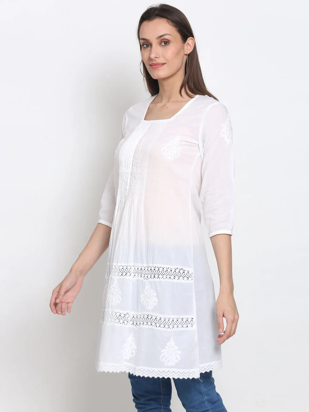 HAND EMBROIDERED WHITE CHIKANKARI COTTON TUNIC- PC1842