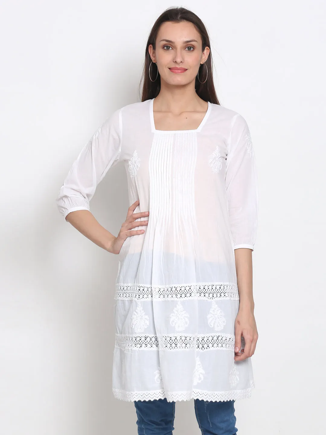 HAND EMBROIDERED WHITE CHIKANKARI COTTON TUNIC- PC1842