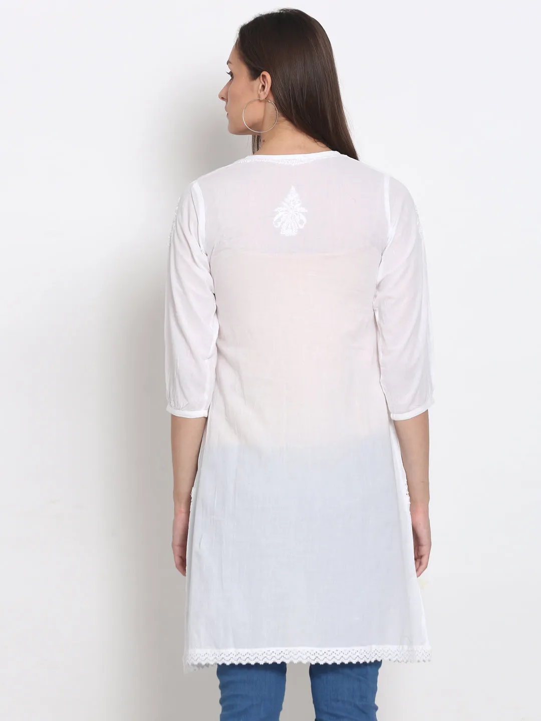 HAND EMBROIDERED WHITE CHIKANKARI COTTON TUNIC- PC1842