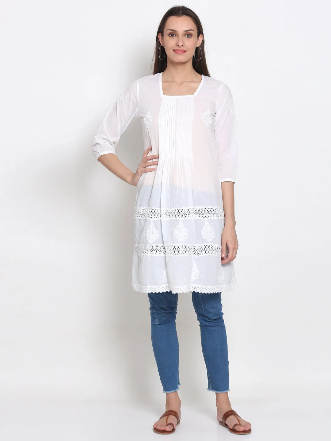 HAND EMBROIDERED WHITE CHIKANKARI COTTON TUNIC- PC1842