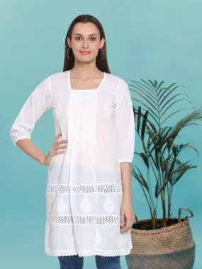 HAND EMBROIDERED WHITE CHIKANKARI COTTON TUNIC- PC1842