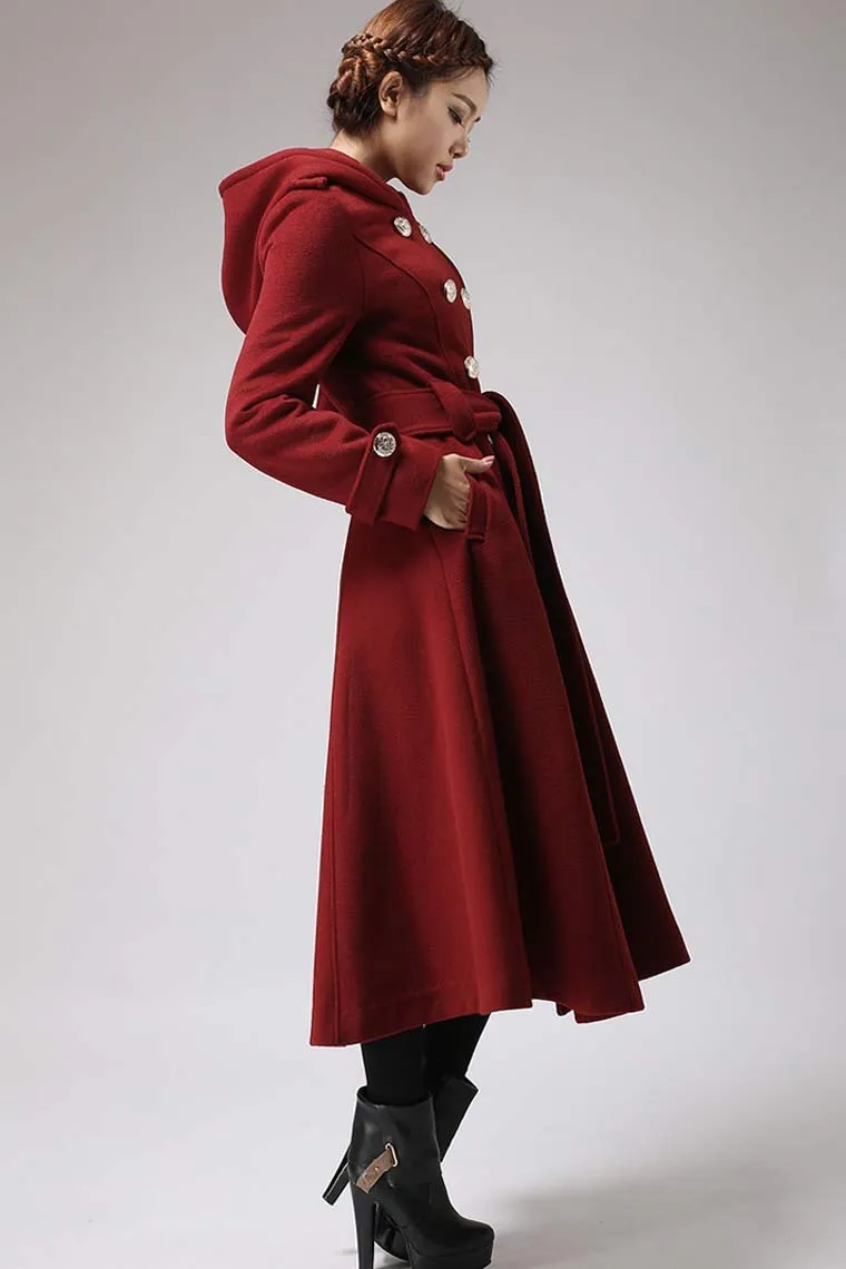 Handmade Women's Red Wool Swing Coat with Oversized Hood - Timeless Winter Style 0705#