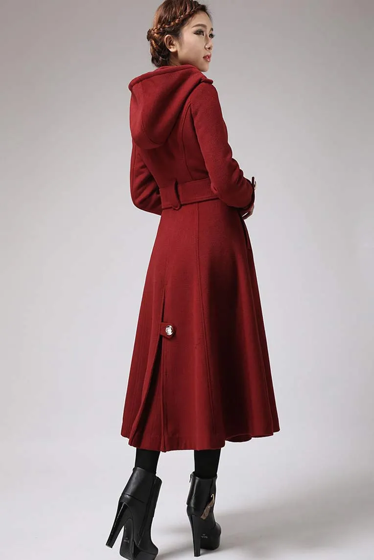 Handmade Women's Red Wool Swing Coat with Oversized Hood - Timeless Winter Style 0705#