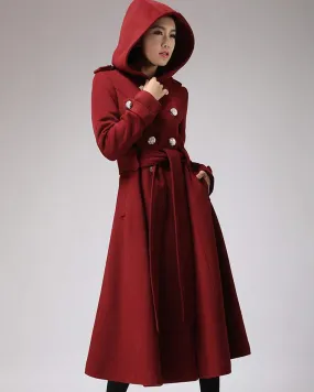 Handmade Women's Red Wool Swing Coat with Oversized Hood - Timeless Winter Style 0705#