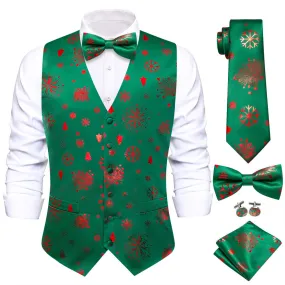 Hi-Tie Green Red Christmas Elements Vest Necktie Bowtie Set