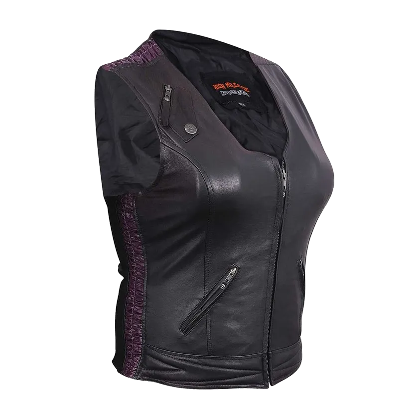 HML1033 Ladies Premium Leather Vest with Leather Scrunch Sides in Fuchsia, Purple or Black