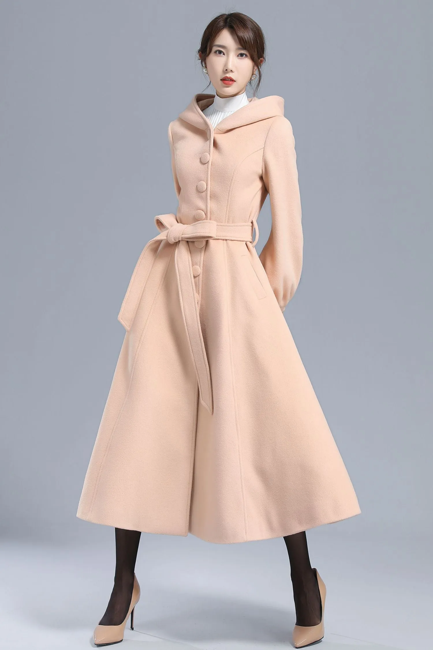 Hooded Lantern Sleeve Long Wool Coat 3210