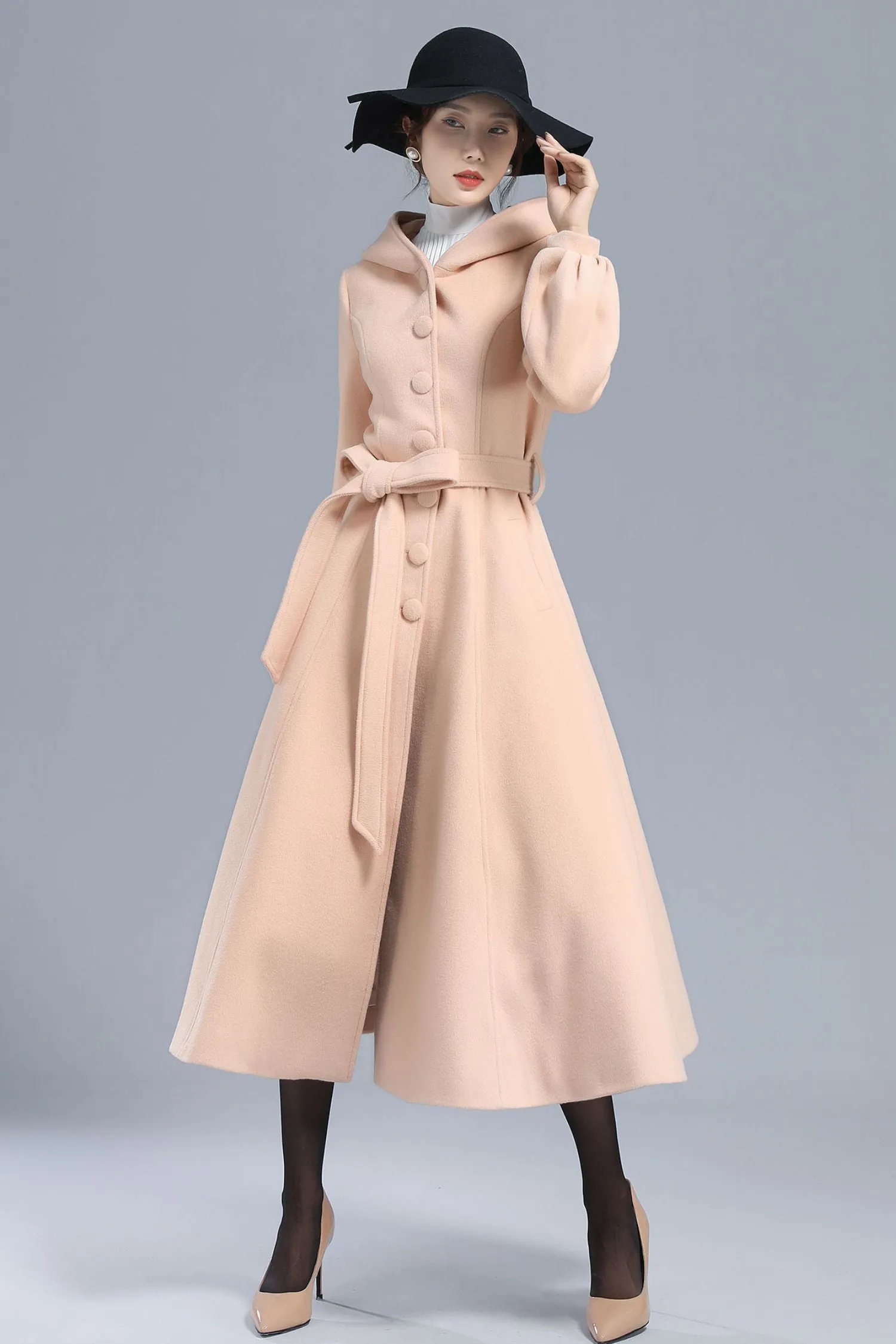 Hooded Lantern Sleeve Long Wool Coat 3210