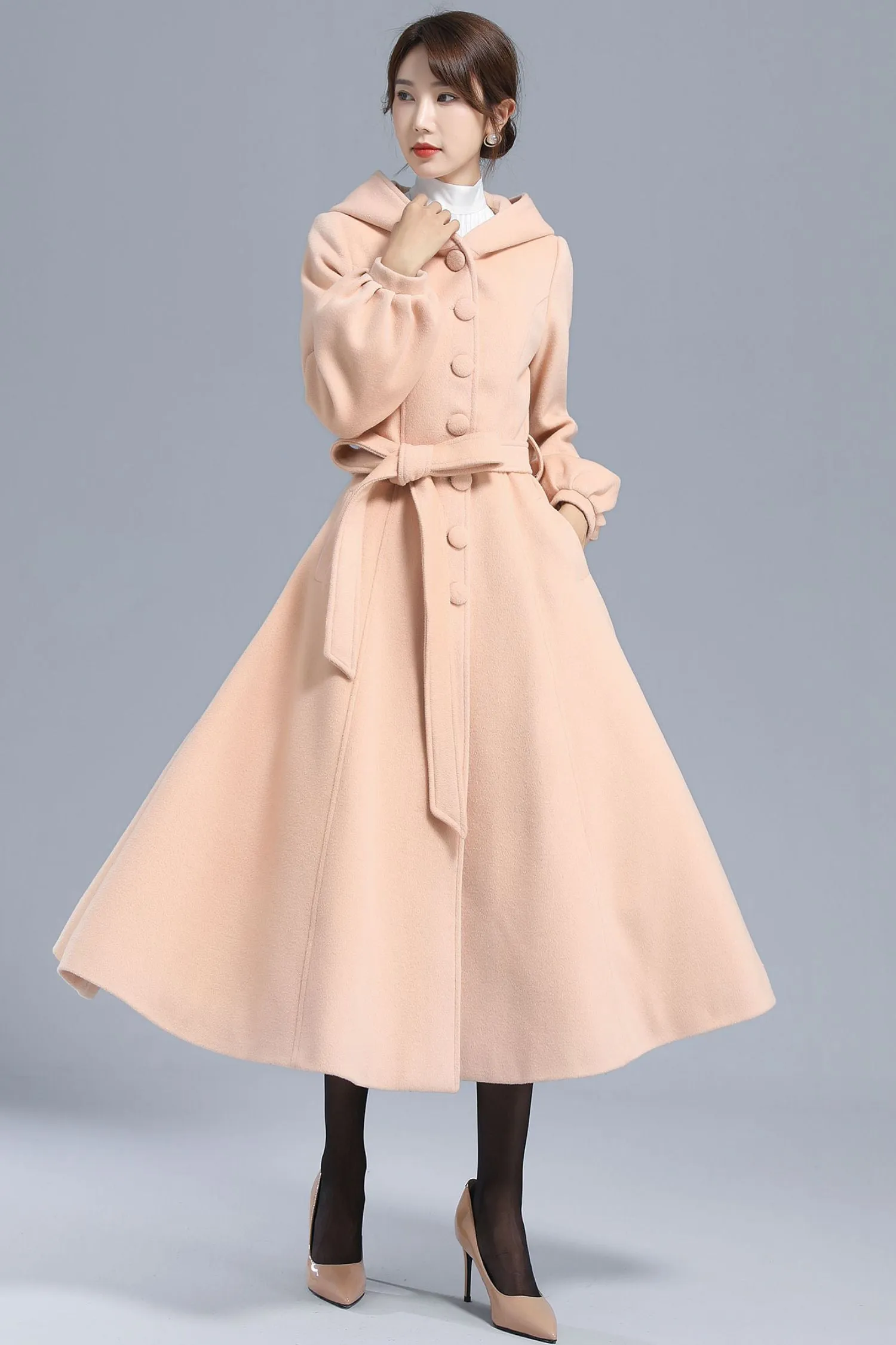 Hooded Lantern Sleeve Long Wool Coat 3210