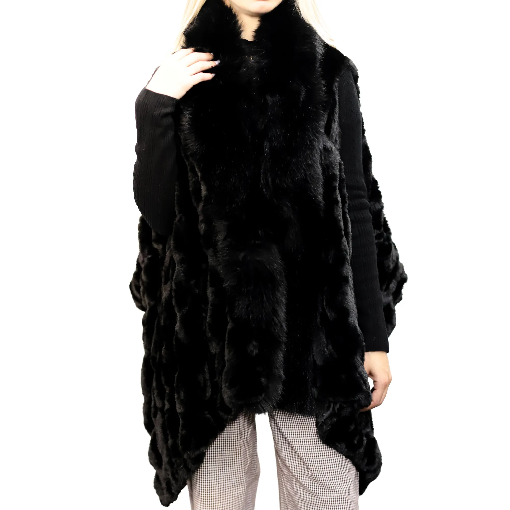 La Fiorentina Chic Black Faux Fur Vest - One Size (66 in x 26 in)