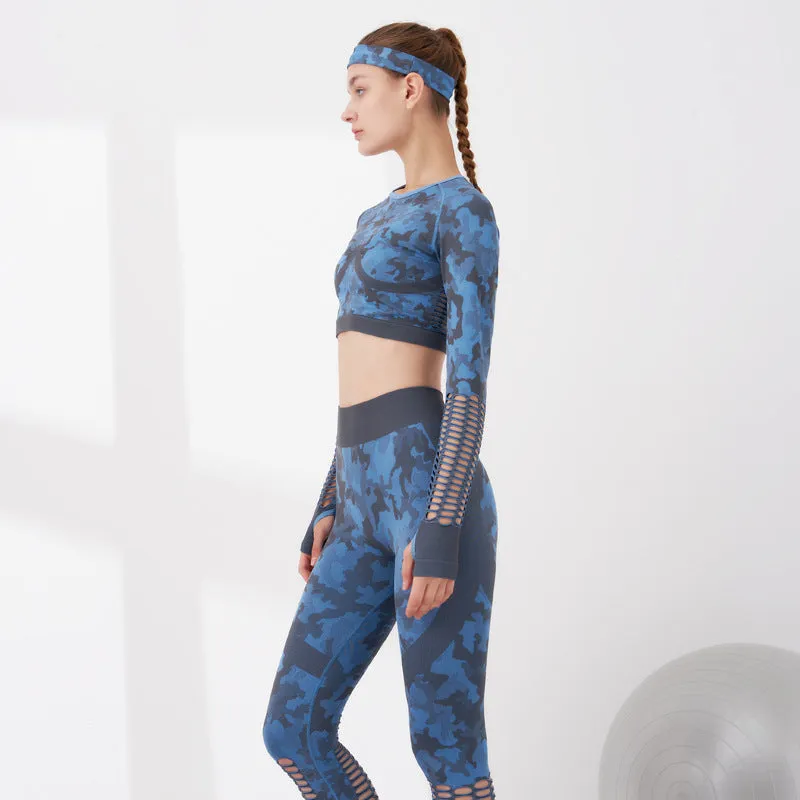 Ladies Hollow Long-Sleeved Crop Top & Leggings Set Yoga Set Camouflage