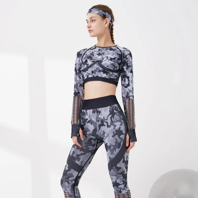 Ladies Hollow Long-Sleeved Crop Top & Leggings Set Yoga Set Camouflage