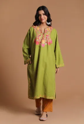 Light Olive Green Aari Embroidered Kashmiri Phiran-Free Size