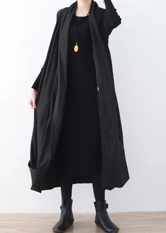 Luxury black woolen long coat oversized asymmetric hem maxi coat women sleeveless long jackets