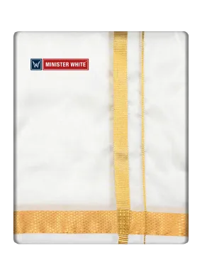 Mens Art Silk Double Layer White Dhoti with 50K Gold Jari Border - Prince 50K