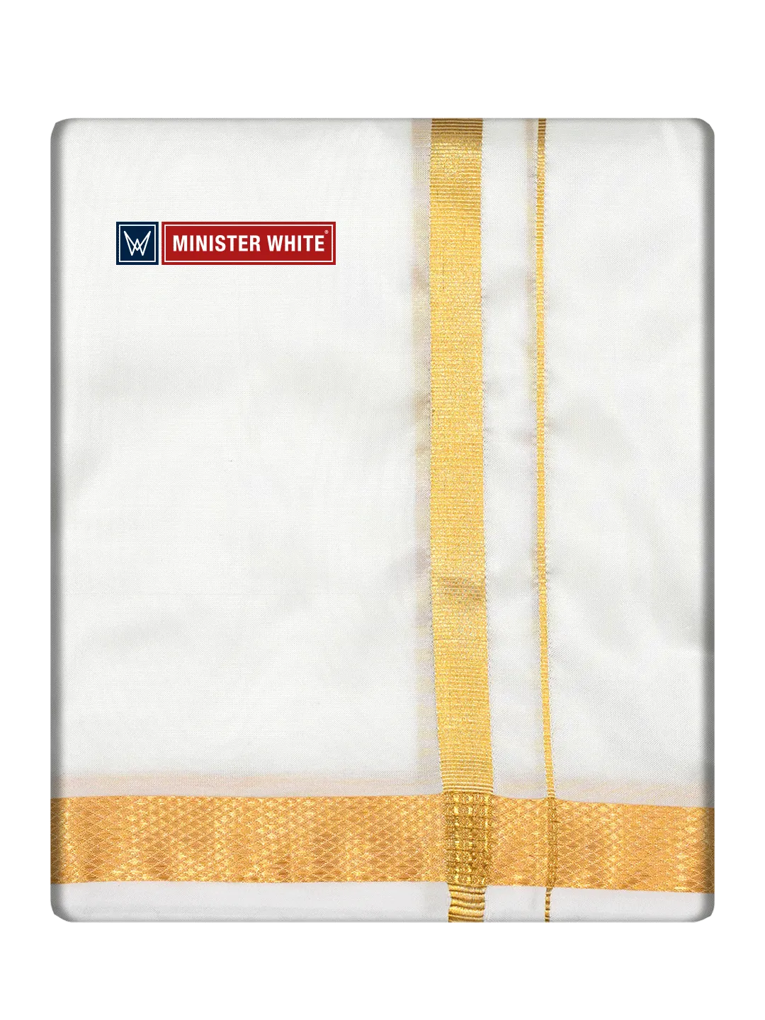 Mens Art Silk Double Layer White Dhoti with 50K Gold Jari Border - Prince 50K