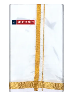 Mens Art Silk White Double Dhoti with 50K Gold Jari Border - Gaya 50K