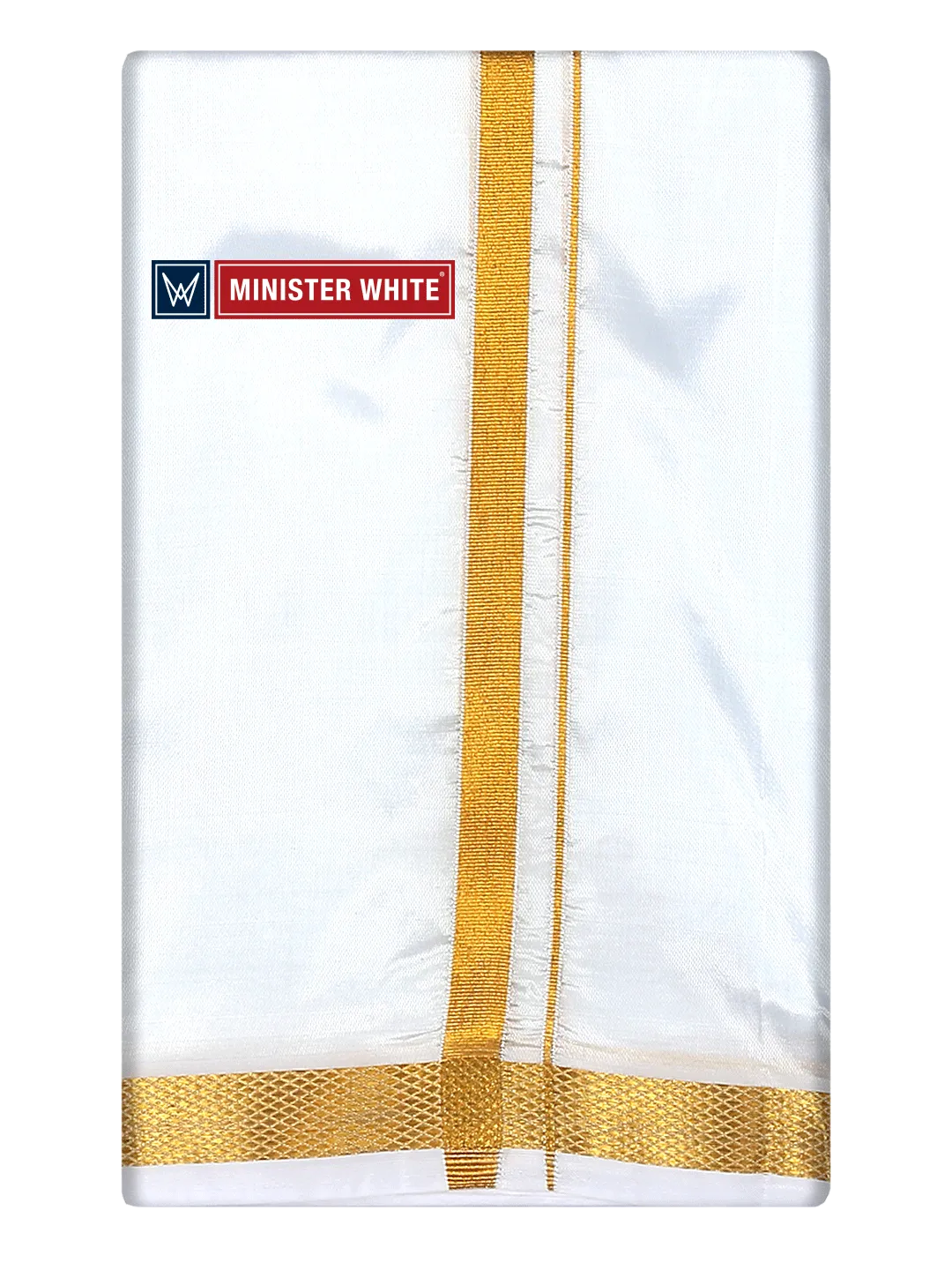 Mens Art Silk White Double Dhoti with 50K Gold Jari Border - Gaya 50K