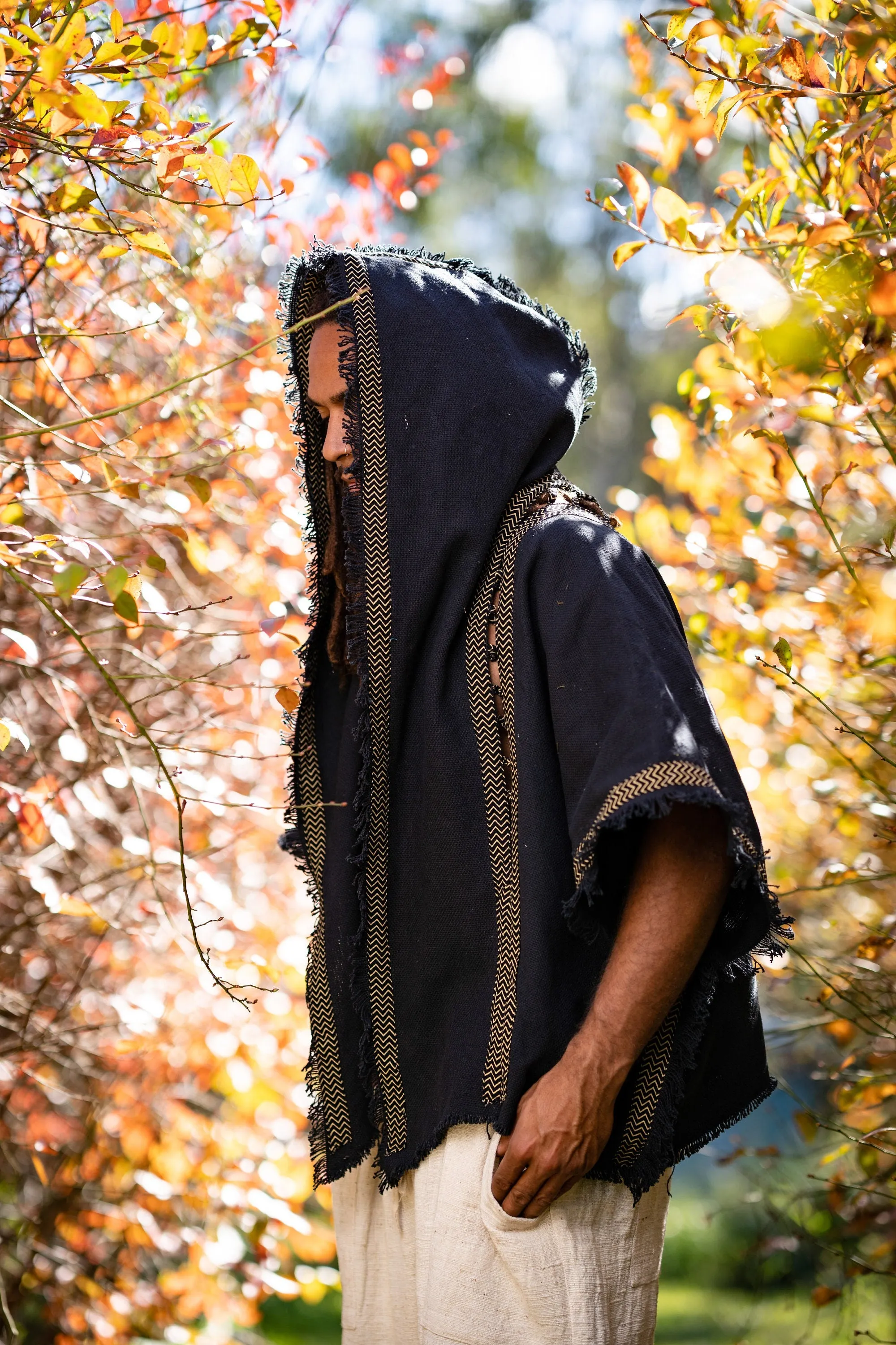 Mens Hooded Kimono Vest Black Alchemist Wizard Sorcerer Tribal Ritual Ceremony Gypsy Festival Magic Magia Alchemy Primitive Rave Boho AJJAYA