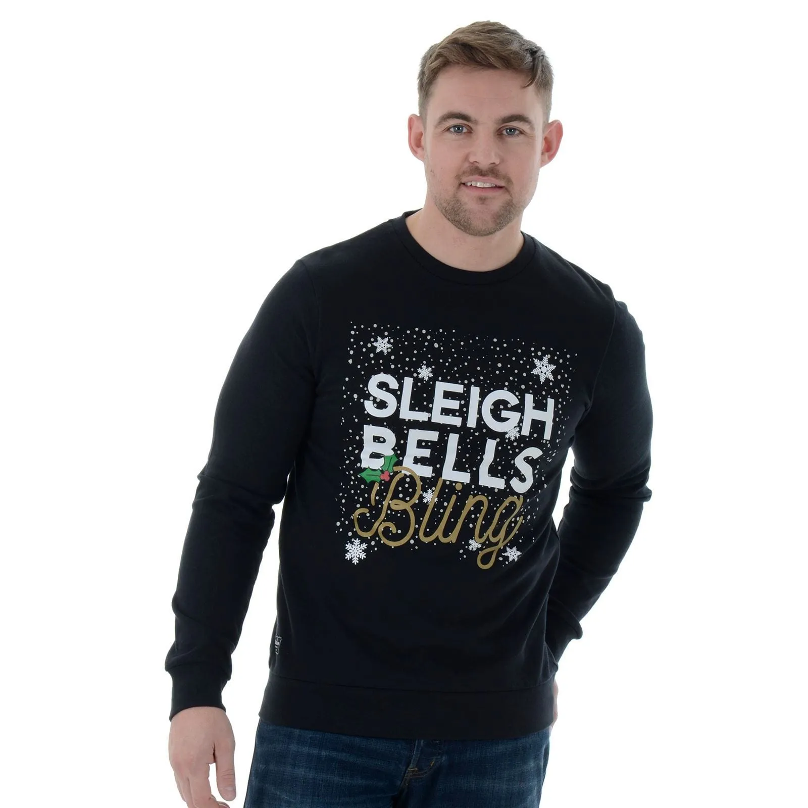 Mens Novelty Christmas Jumper Sweatshirt Sleigh Bells Bling