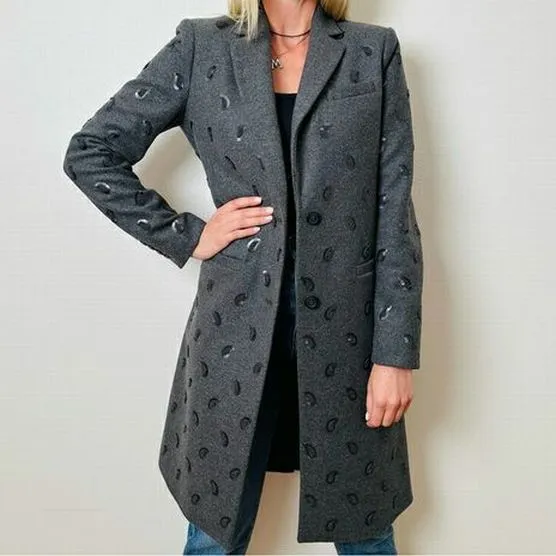 MICHAEL KORS EMBROIDERED PAISLEY CHARCOAL WOOL COAT SIZE 4