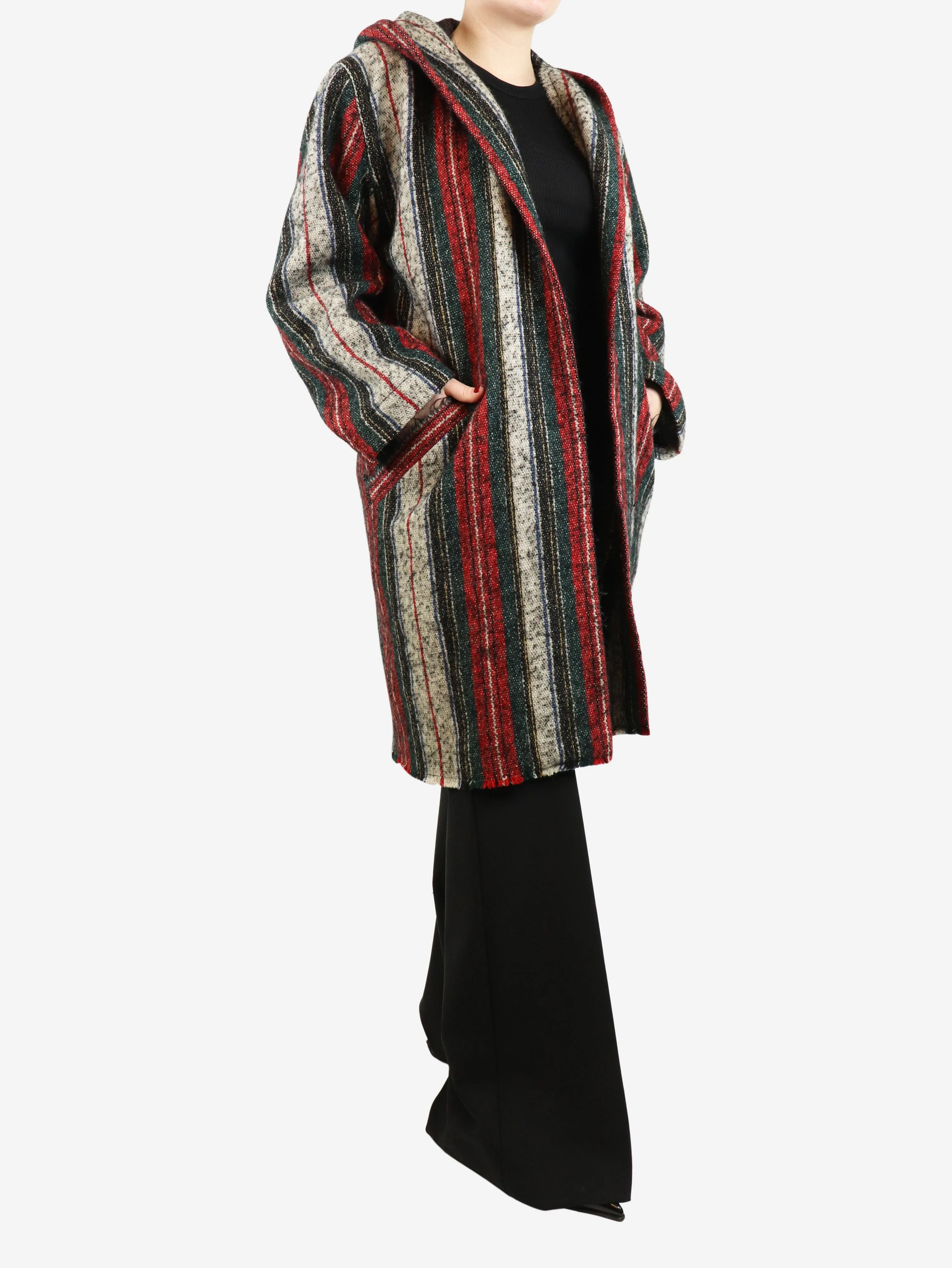 Multicolour striped wool-blend hooded coat - size UK 6