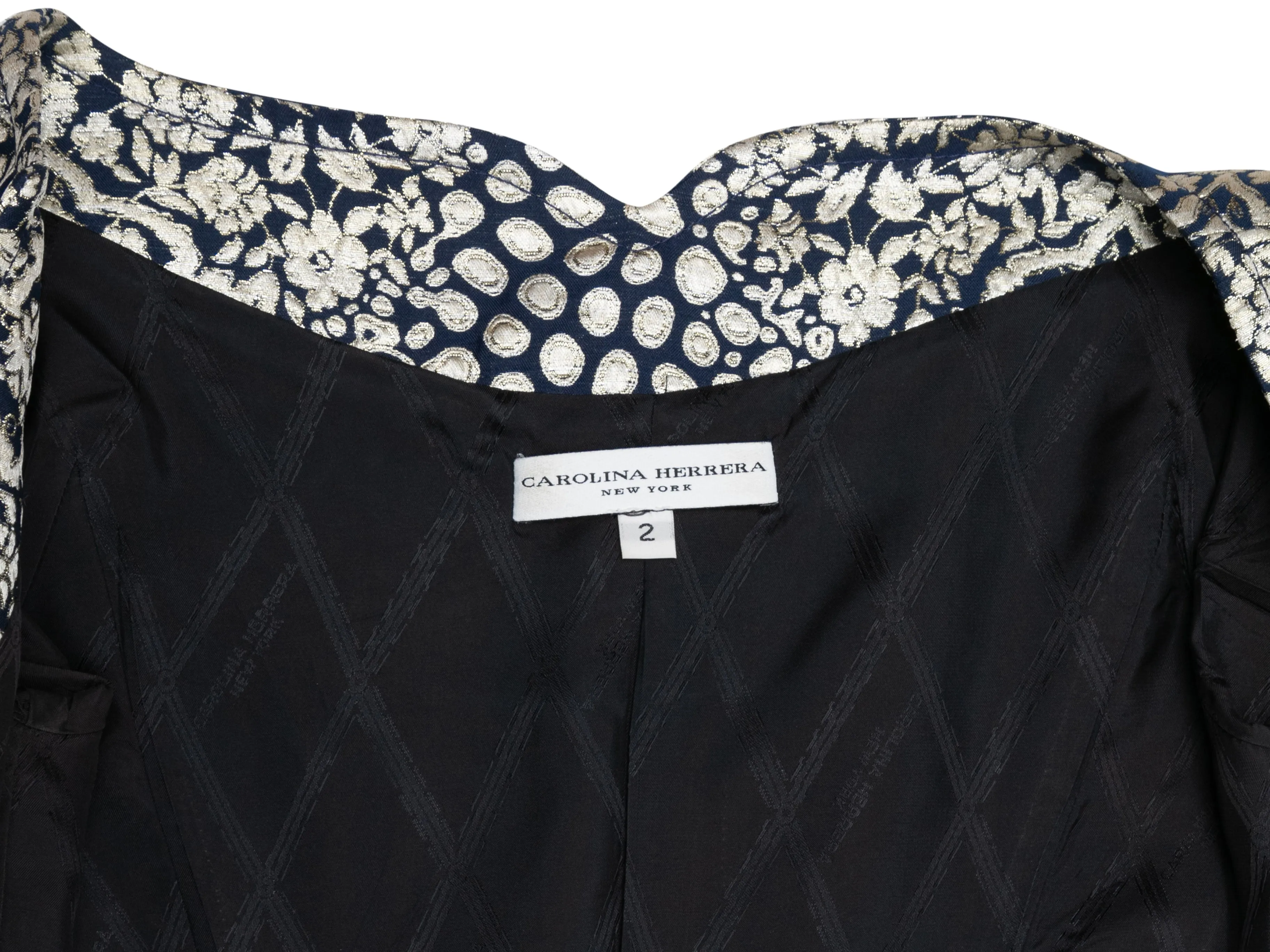 Navy & Silver Carolina Herrera Jacquard Evening Jacket Size US 2