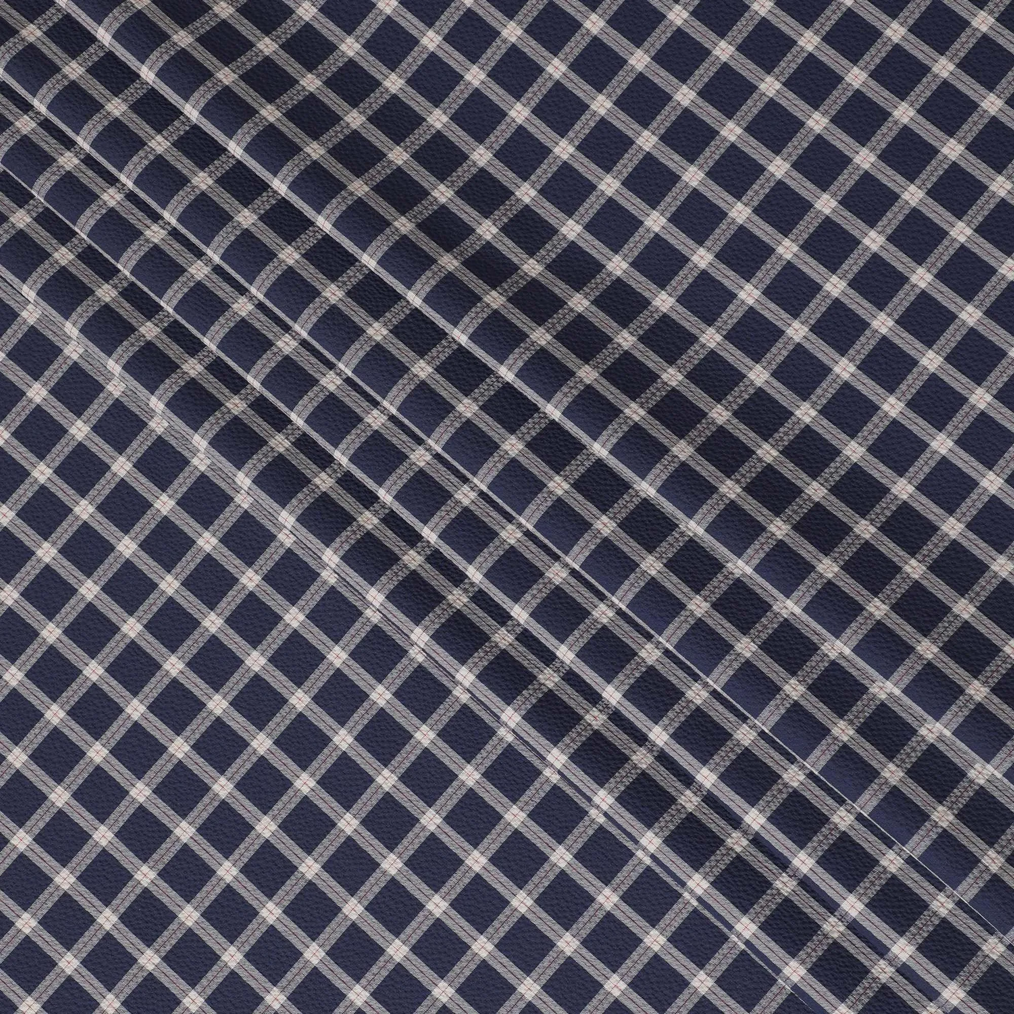 Navy blue Premium 100% cotton shirting fabric with beige and red print in checks design-D16846