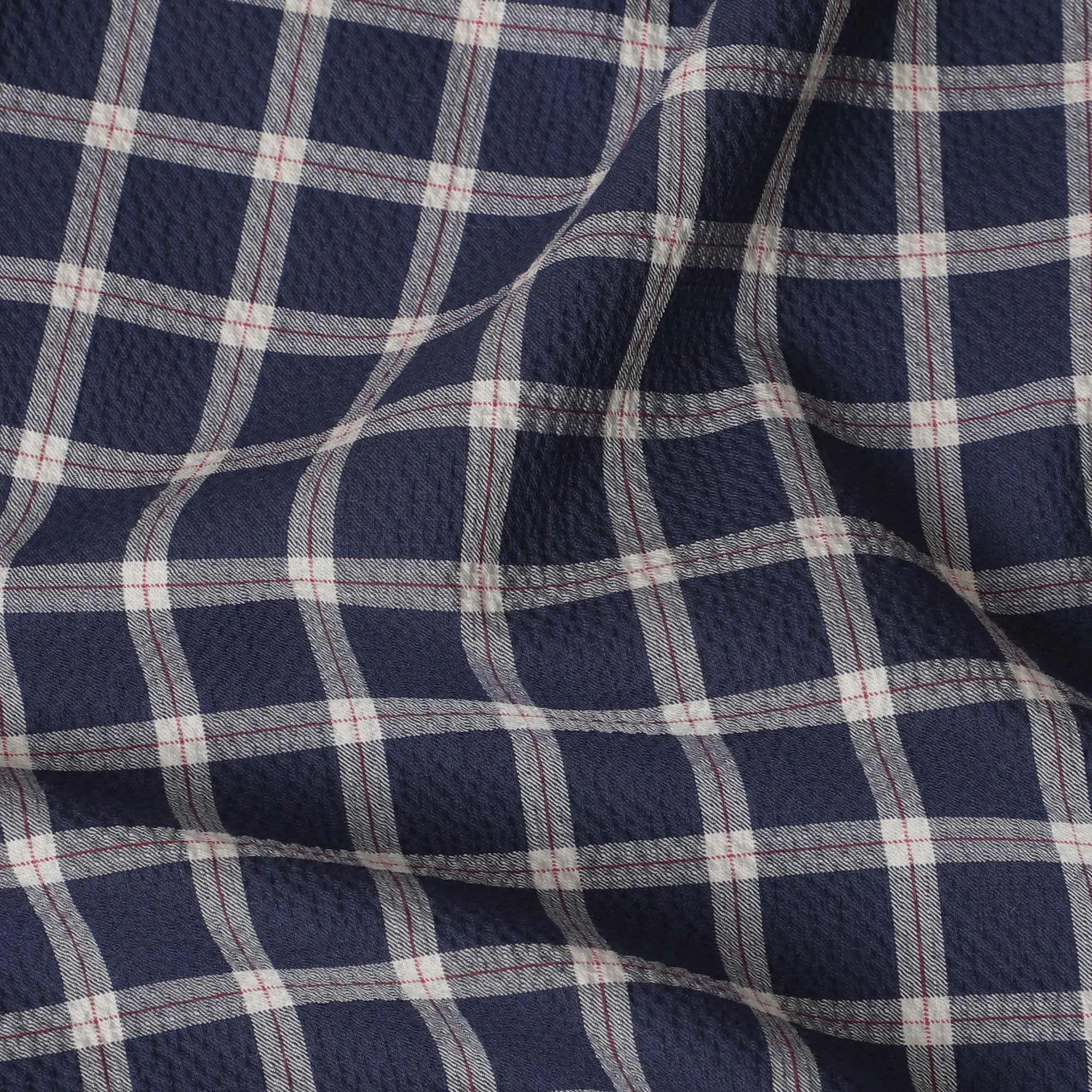 Navy blue Premium 100% cotton shirting fabric with beige and red print in checks design-D16846