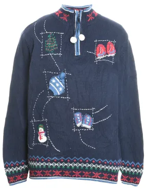 Navy, Red & White Embroidered Christmas Jumper  - M