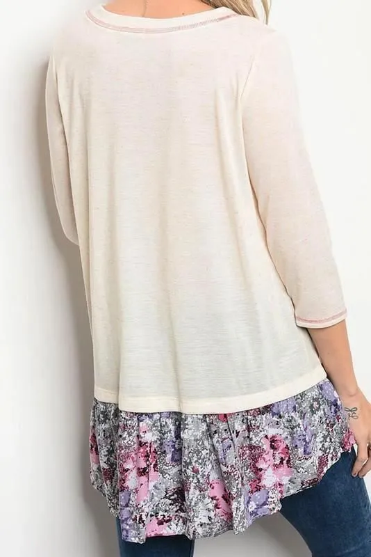 Oddi Floral Contrast Tunic Top - Oatmeal