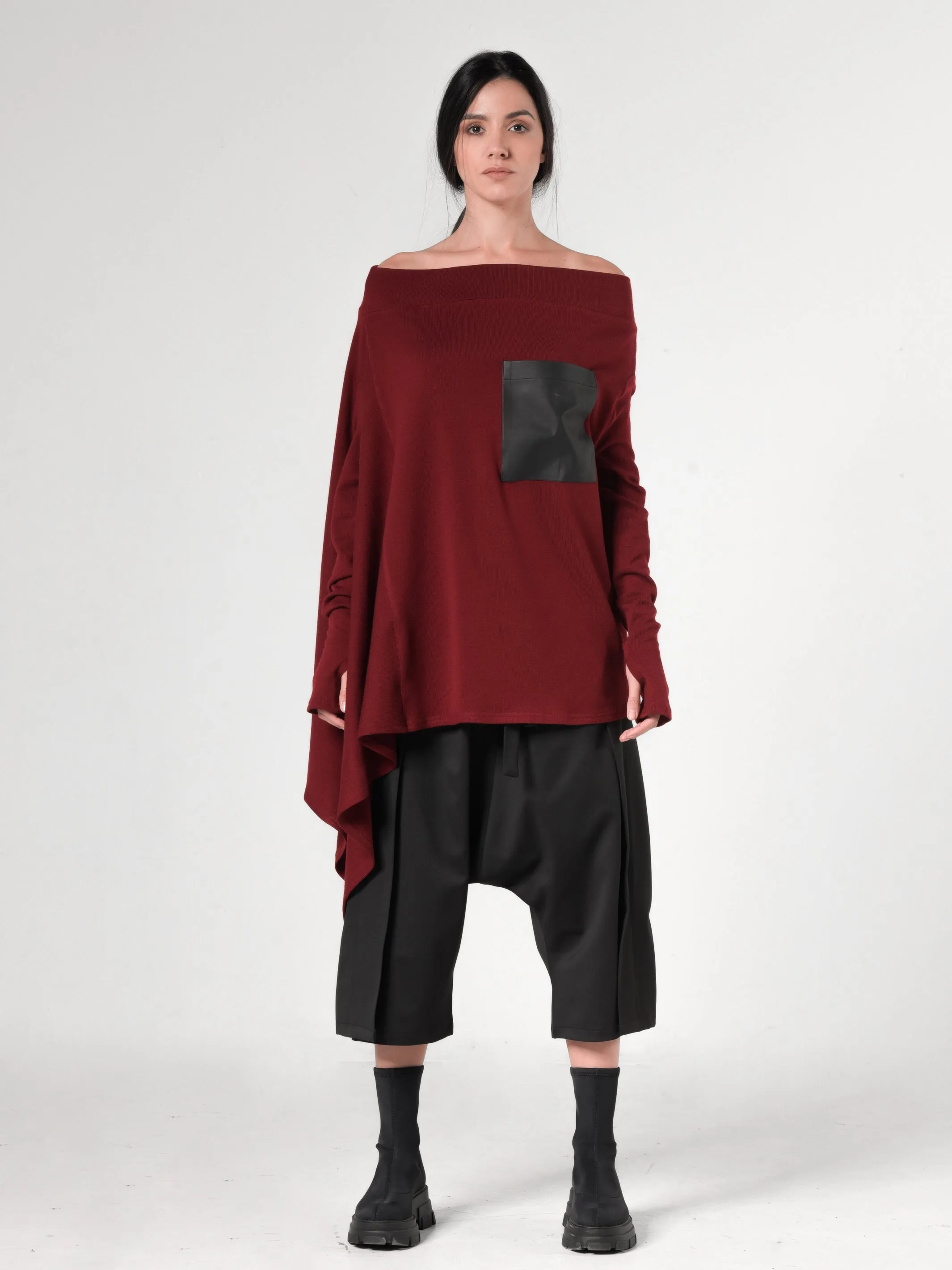 Oversize Knitted Tunic In Burgundy