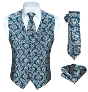 Paisley Floral 3pc Suit Vest Set - BLUE/GREY