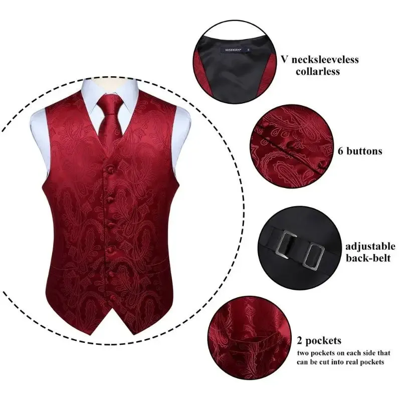 Paisley Suit Vest Tie Handkerchief Set - BURGUNDY