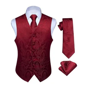 Paisley Suit Vest Tie Handkerchief Set - BURGUNDY