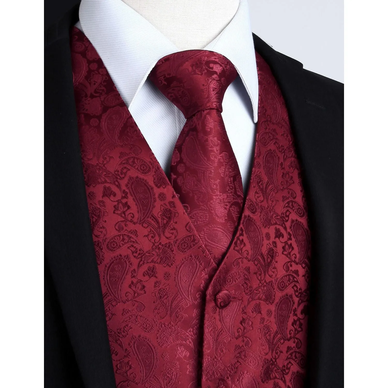 Paisley Suit Vest Tie Handkerchief Set - BURGUNDY