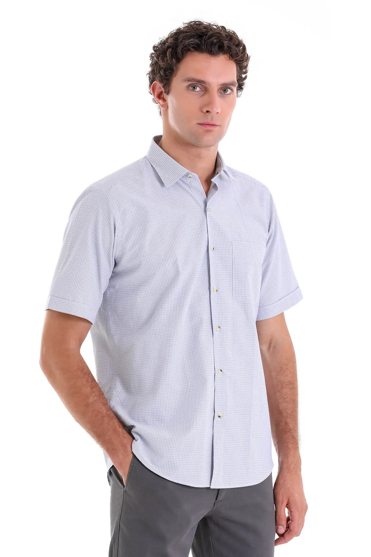 Regular Fit Plaid Cotton Blend Beige Dress Shirt